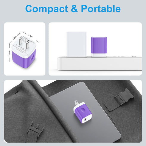 USB-A Wall Plug Charger Purple for Google Pixel 8a 8 7 Pro, Samsung Galaxy A55/A15/A53/S24/S23/S22/S21, 2-Pack USB