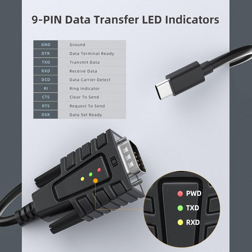 DriverGenius USB C to Serial RS232 DB9 Adapter Cable with 3 x LED Indicators, Compatible with Windows 11, macOS