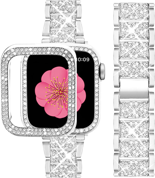 SUPOIX 41mm Compatible Apple Watch Band + Case, Women’s Bling Diamond Metal Bands & 2 Pack Protective Covers