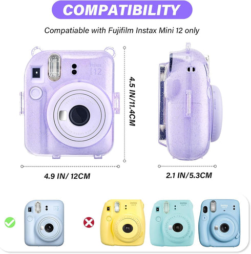 Glitter Clear Case for Fujifilm/Polaroid Instax Mini 12 Instant Camera, Upgraded Glitter Case with Accessories - Purple