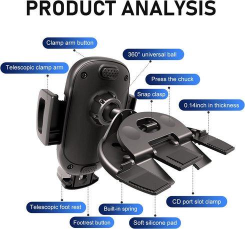 SLIMI 1 360 #01) PC CD Slot Phone Holder, Degrees Adjustable CD Slot Holder, Non-Slip Automatic Lock Mobile Phone