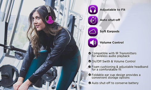 XO Vision IR630PR Universal IR Wireless Foldable Headphones - Purple, Bluetooth-Enabled, Lightweight for Car, Kids