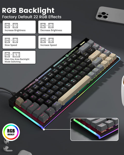 Typehaven VK68 65% 68 Gaming Keyboard, Wired Backlit Mini Keyboard, Ultra-Compact Anti-Ghosting No-Conflict Keys Gaming