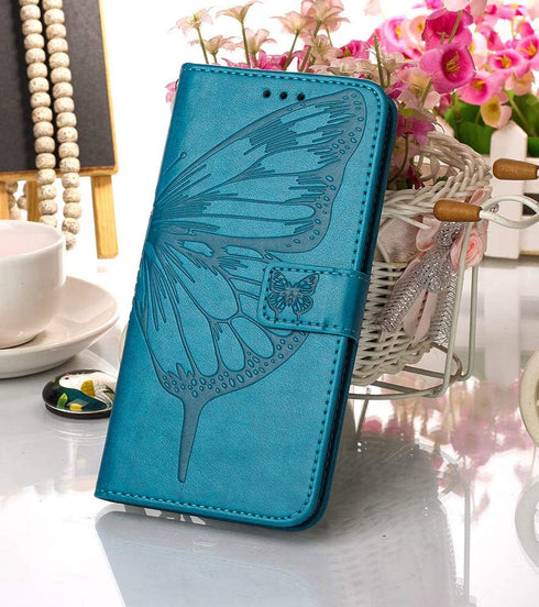 Samsung Galaxy A51 Case Wallet, Butterfly Floral Embossed Leather Flip Cover, Card Holder Slots (Non 5G Version) (Blue)