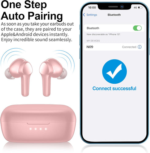 Pink Wireless Earbuds, Bluetooth 5.3 Headphones with Immersive Sound, Hi-Fi Stereo, IPX8 Waterproof, 4 Mics Noise