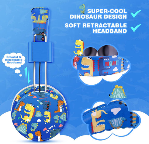 QearFun Dinosaur Headphones for Boys Kids, Bluetooth Headphones with Microphone & 3.5mm Jack, Adjustable Headband for