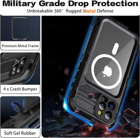 iPhone 15 Pro Max Waterproof Case Compatible with MagSafe, Metal Heavy Duty IP68 Underwater Built-in Screen Protector,