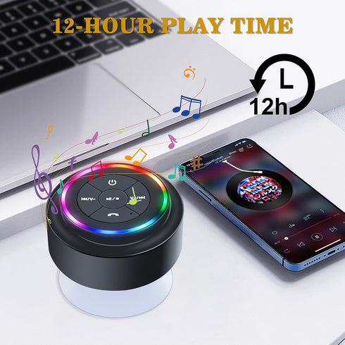 Bluetooth Waterproof Shower Speaker, Portable Wireless Speaker with Suction Cup, Small Speaker with Colorful Lights,