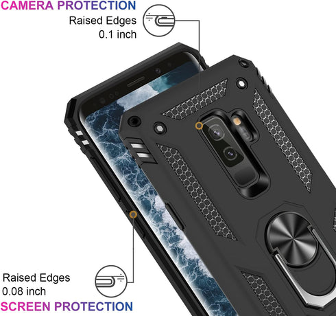 IKAZZ Galaxy S9 Plus Case, Heavy Duty Shockproof Phone Cover with Magnetic Kickstand in Black