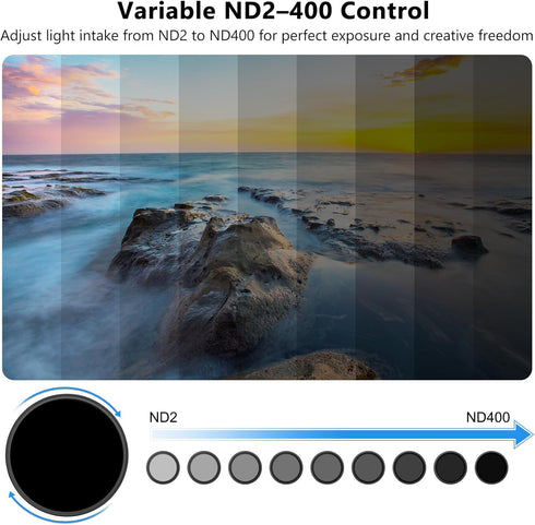 ARTCISE ND2-400 (72mm) Variable ND Filter HD Optical Glass, Anti-Glare, Ultra-Thin Frame, Precision Threads, Adjustable