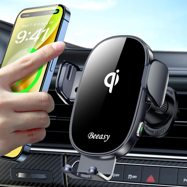 Beeasy Wireless Car Charger, 15W Qi Fast Charging Auto Clamping Cell Phone Holder Mount for iPhone 15 14 13 12 Pro Max