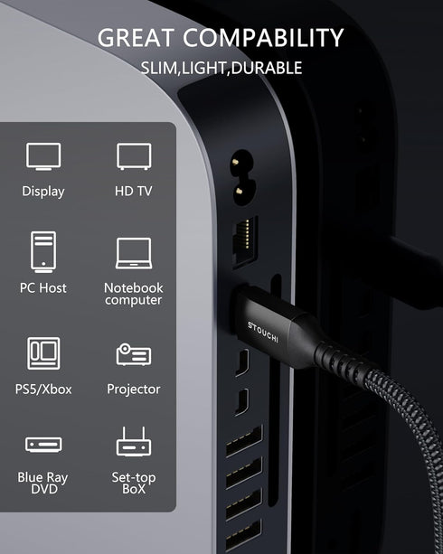 Stouchi 8K HDMI 2.1 Cable, Ultra High Speed 3ft Braided Cord for 4K@120Hz, Compatible with Roku TV