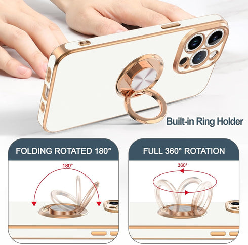 Hython Case for iPhone 15 Pro, 360° Rotatable Ring Holder Magnetic Kickstand, Rose Gold Edge Soft Cover, White