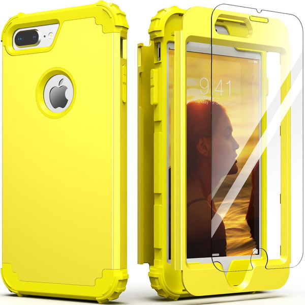IDweel Yellow iPhone 8 Plus & 7 Plus Case, 3-in-1 Shockproof Hybrid with Screen Protector, Hard PC & Soft Silicone