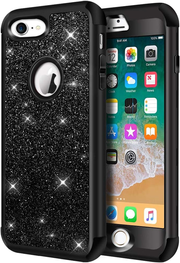 Hython Heavy Duty Full-Body Defender Case for iPhone 7 and 8, Bling Glitter Sparkle Hard Shell Hybrid - Black