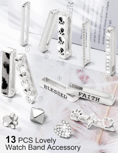 JR.DM 13 Pieces Silver Watch Band Charms - Decorative Rings Loops & Classic Clasp for Apple Watch Accessories