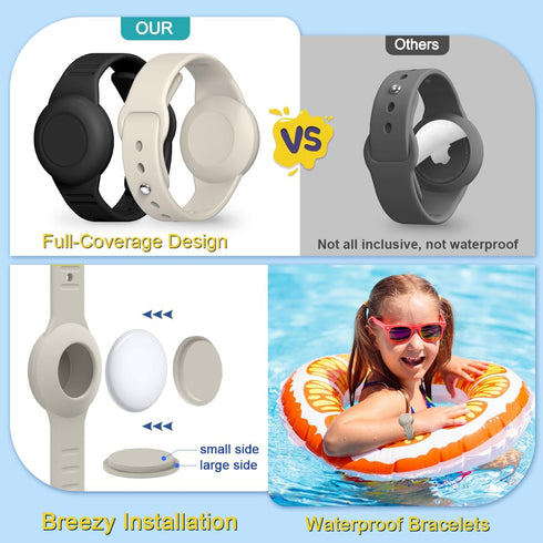 Waterproof AirTag Case, Soft Silicone Bracelet & Necklace for Kids, Black + Beige, White