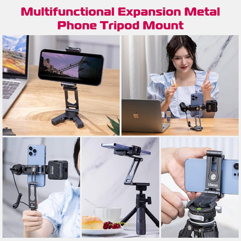 ULANZI Phone Tripod Mount with 2 Cold Shoes & Arca Port, HP004 Metal 360° Smartphone Tripod Adapter for iPhone, Cell