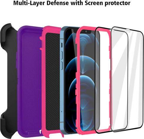 Defense iPhone 12 Case with Two Screen Protector Layer Rugged Heavy Duty for iPhone 12/iPhone Pro, 6.1 inch 2020 (Light