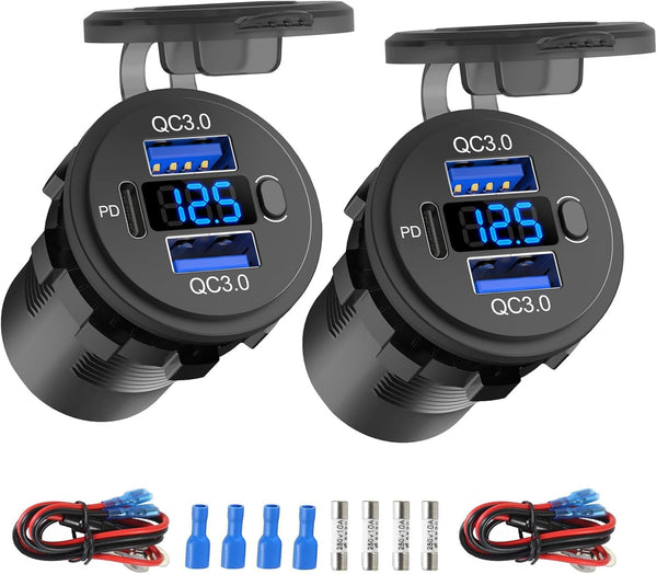 2 Pack 12 Volt USB Outlet Dual Quick Charge 3.0 Port and PD3.0 Car Battery Chargers Socket with Voltmeter