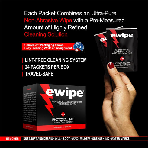 E-Wipe Camera Lens Cleaning Pads - Non-Abrasive Wipes for Optic Electronics - Great for SLR, DSLR, 24 Pack