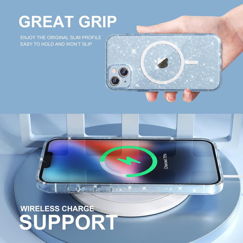 Choiche iPhone 14 Plus Magnetic Case, Clear Glitter Bling, with 2x Diamond Lens & Tempered Glass Protectors, MagSafe