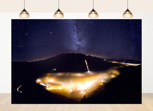 LidyMini 10x8ft Fabric Alpine Valley Starry Night Backdrop Milky Way Foggy Town Lights