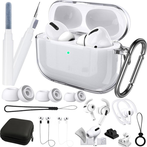 Clear AirPods Pro Case 1st Cover 2019 with Cleaning Pen Accessory Kit, 16 in 1 Set Transparent TPU Silicone Protective