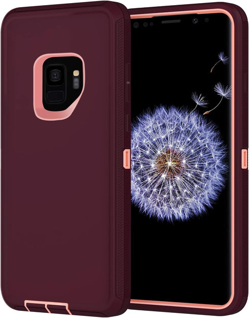 Annymall Samsung Galaxy S9 Case with Screen Protector, Heavy Duty Shockproof Drop-proof Cover (Wine/Pink)