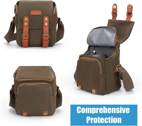 CADeN Compact Camera Bag Case: Small 1.0 Brown, Canvas Leather Trim, Waterproof, Compatible for Nikon, Canon, Sony
