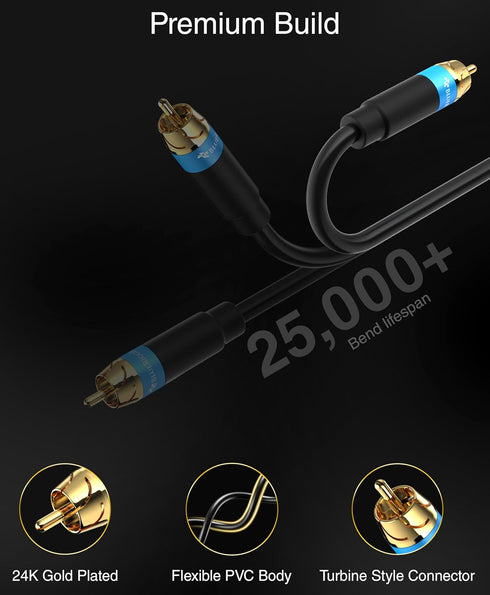 (25FT, BlueRigger RCA Audio Subwoofer Cable Dual Shielded, Gold Plated RCA Connectors) for Subwoofer, Amplifier, Home