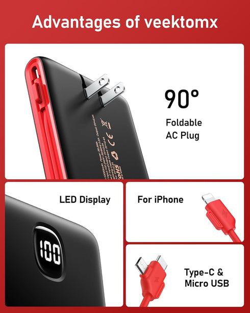 VEEKTOMX Portable Charger 10000mAh with Built-in Cables, Fast Charging USB C Slim Battery Pack for iPhone and Samsung