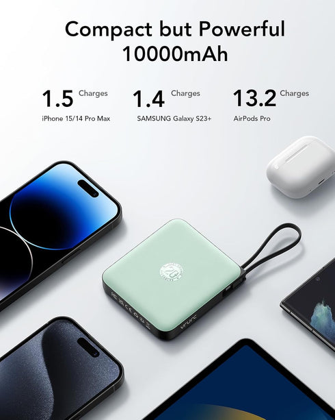 Portable Charger USB C VRURC, 10000mAh Power Bank with Built-in Cable, 20W Battery Pack for iPhone 15 14 Samsung Galaxy