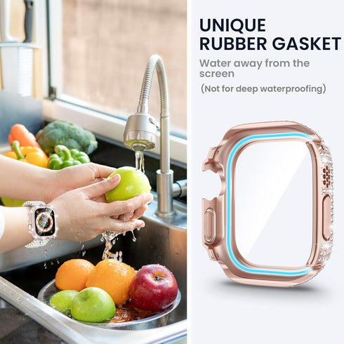 Tensea 2 in 1 Waterproof Case for Apple Watch Ultra2/Ultra 49mm, Hard PC Diamond Bumper with Tempered Glass Film, Bling