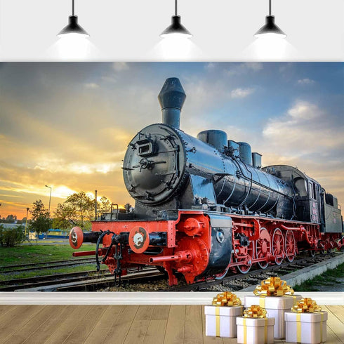 DYNH Sunset Supplies-7x5FT Steam Train Backdrop,Railroad Tracks Railway Photo Background,Train Banner,School Bulletin
