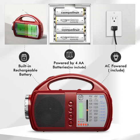 Weather Radio Portable AM FM Radio with Bluetooth, Rechargeable Emergency Radio, Built-in Rechargeable Battery or 4 AA