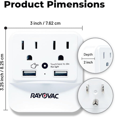Rayovac Surge Protector with Night Light, 2 Outlet Power Strip & 2 USB-A Ports for Home, School, or Office