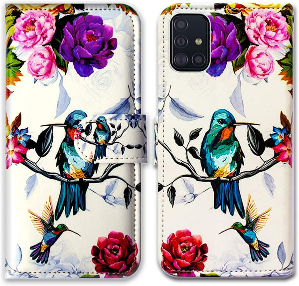 Wallet Case for Galaxy A51, Hummingbird in Flowers Leather Flip Cover with Card Slot Holder Kickstand for Samsung