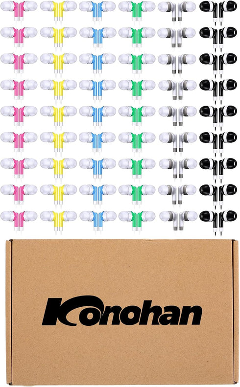 60 Pack 6 3.5mm Konohan Wired Earbuds Bulk Assorted Colors Classroom Headphones with Jack Individually Bagged in-Ear
