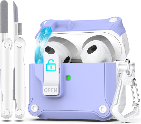 R-fun AirPods 3rd Generation 2021 Charging Case Cover, Full Drop Protection with Cleaner Kit & Keychain, White/Lavender