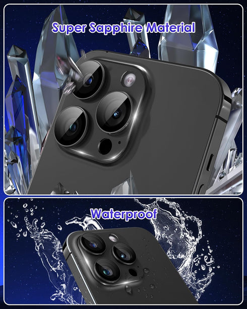 iPhone 15 Pro Max Camera Lens Protector - Full Coverage Metal, 9H Tempered Glass, Case Friendly, Titanium Black.