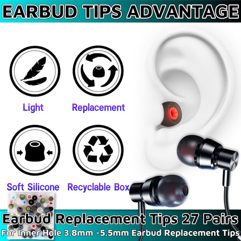 HuGuWdy 54Pcs 3.8mm -5.1mm) 27 Earbud Replacement TipsEar Bud Rubber Tips Silicone Earbud Tips Earbud Covers Silicone