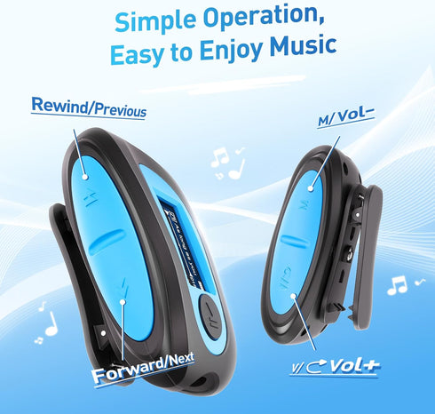 AGPTEK IPX8 Mp3 Swimming Waterproof Player with Screen, Multi-Functional Clip Music Player with Waterproof Headphones
