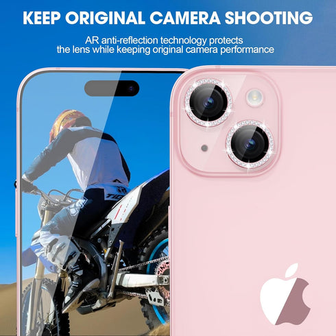 Xfilm Pink Diamond Camera Lens Protector for iPhone 15/15 Plus, 9H Hardness, Scratchproof, Stylish & Case Friendly.