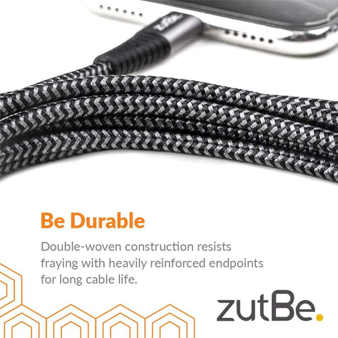 Shield Silver & Black MFi Certified Lightning Cable, Reinforced Braided Kevlar Charger for All iPhone Models (10 Ft)