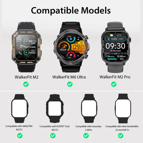 Smart Watch Band 22mm 2 Pack, for AMAZTIM Smart Watch Bands Replacement M2/T2, Compatible with KOSPET Tank M2/T2, TPU Sports Straps Bands, Adjustable Wristband, Men Black Smartwatch Band