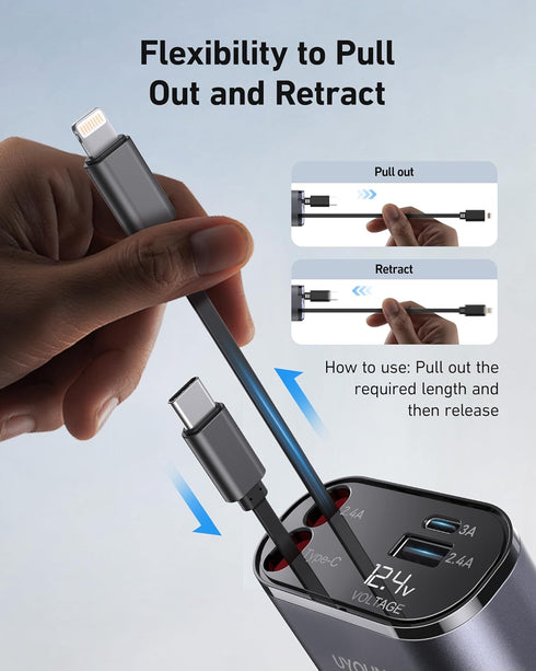 iPhone Car Charger, Retractable Fast 100W Phone Charger 4 in 1 Adapter with 2 Cables and 2 USB Ports