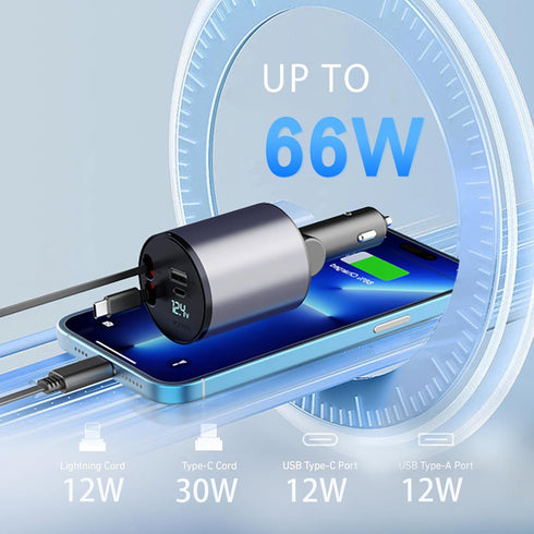 Retractable Car Charger, 66W 4 in 1 Super Fast Charging with 2 Retractable Cables and 2 USB Ports for iPhone