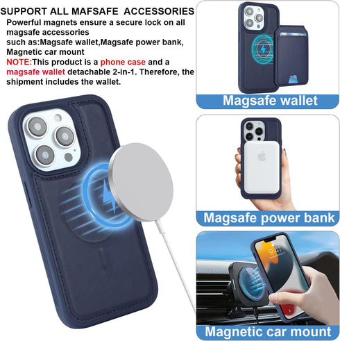 Havaya Wallet Case for iPhone 13 Pro, Magsafe Compatible with Card Holder, Detachable Magnetic Leather Cover, Blue