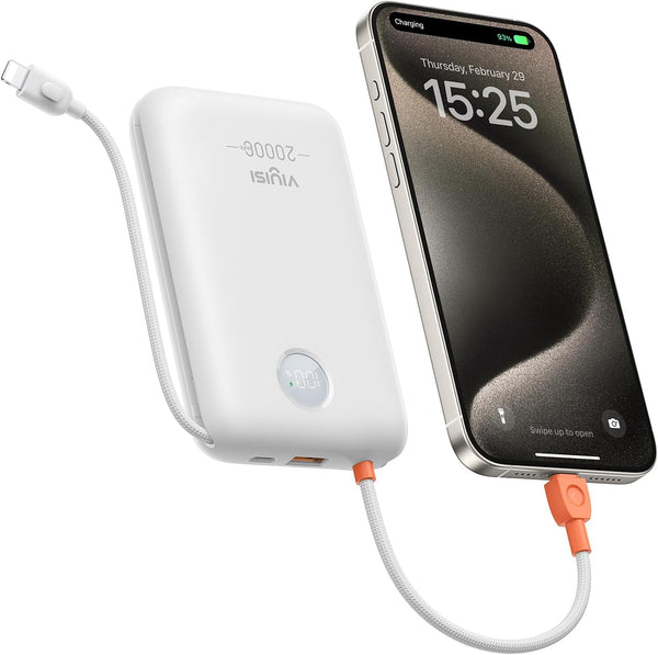 Power Bank 20000mAh 30W Fast Charging Portable Charger with Built-in Cables & LED Display for iPhone, Samsung